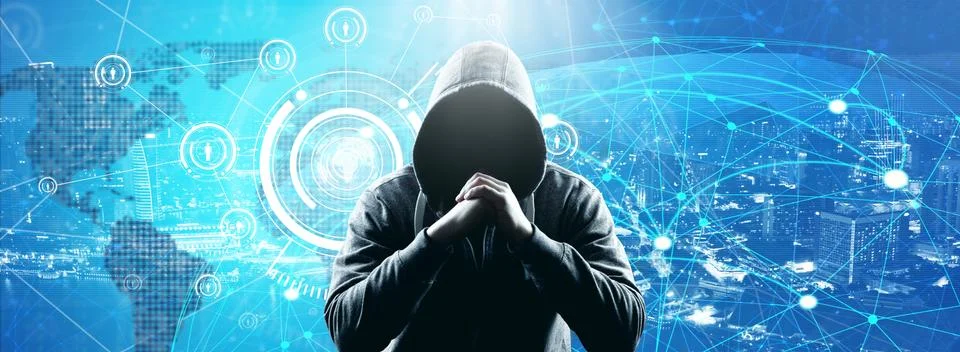 Anonymous internet hacker in front of computer. Web crime concept Stock Photos