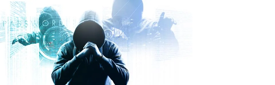 Anonymous internet hacker in front of computer. Web crime concept Stock Photos