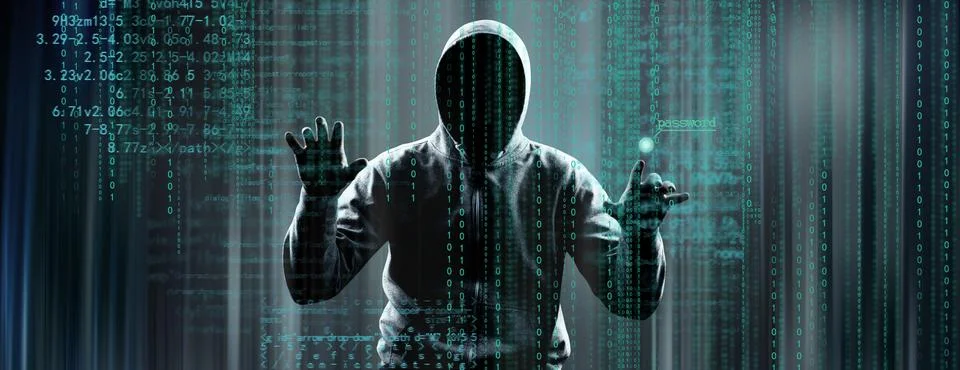 Anonymous internet hacker in front of computer. Web crime concept Stock Photos