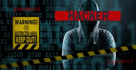 Anonymous internet hacker in front of computer. Web crime concept Stock Photos