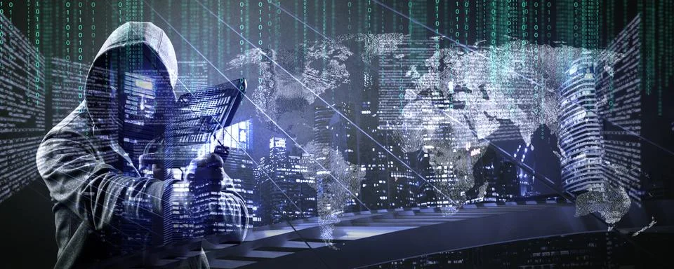 Anonymous internet hacker in front of computer. Web crime concept Stock Photos