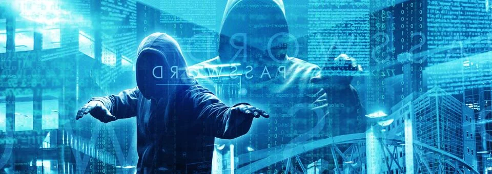 Anonymous internet hacker in front of computer. Web crime concept Stock Photos