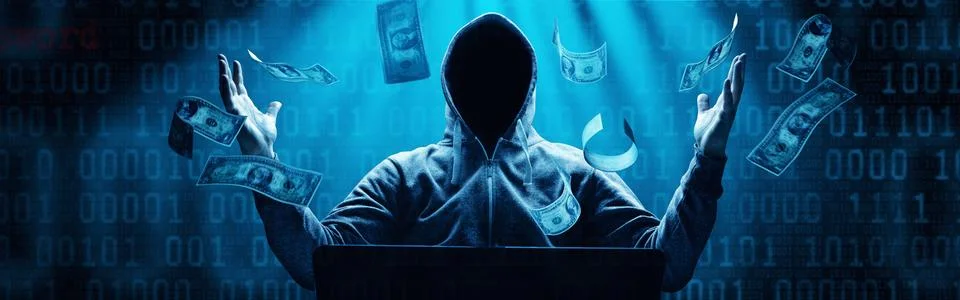 Anonymous internet hacker in front of computer. Web crime concept Stock Photos