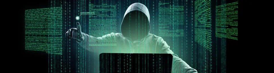 Anonymous internet hacker in front of computer. Web crime concept Stock Photos