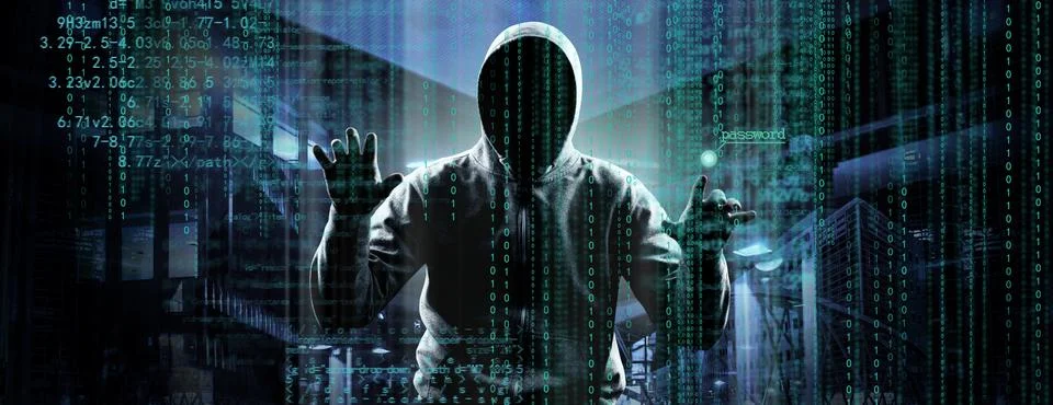 Anonymous internet hacker in front of computer. Web crime concept 写真素材