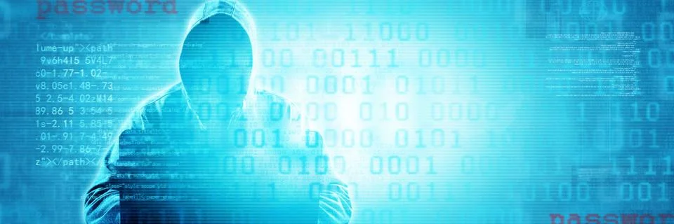 Anonymous internet hacker in front of computer. Web crime concept Stock Photos
