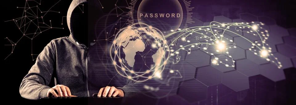 Anonymous internet hacker in front of computer. Web crime concept Stock Photos