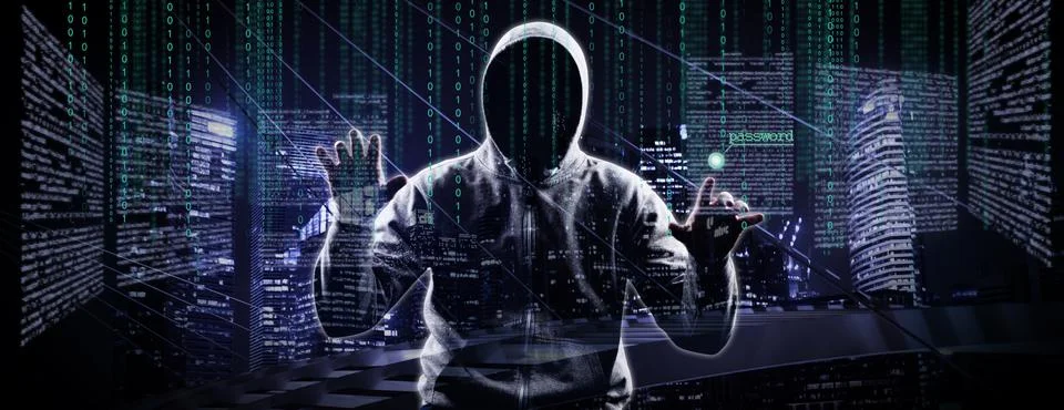 Anonymous internet hacker in front of computer. Web crime concept Stock Photos
