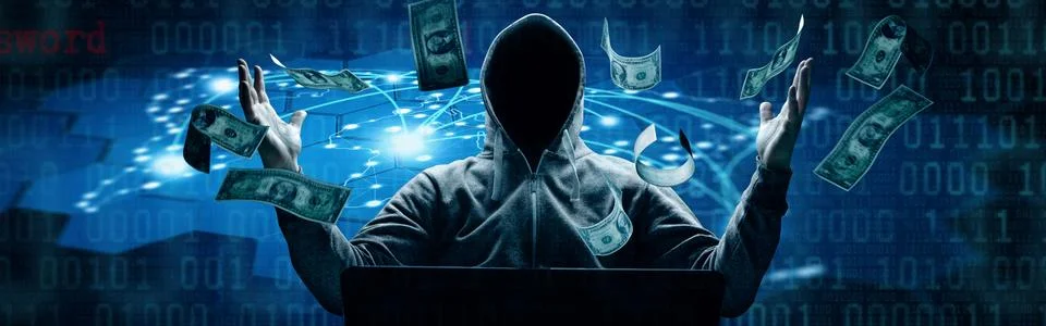 Anonymous internet hacker in front of computer. Web crime concept Stock Photos