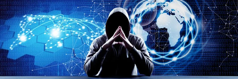 Anonymous internet hacker in front of computer. Web crime concept Stock Photos