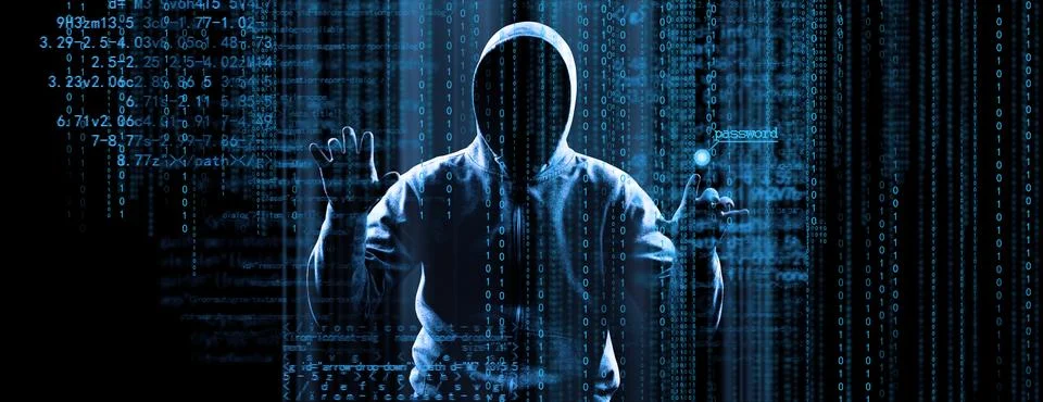Anonymous internet hacker in front of computer. Web crime concept Stock Photos