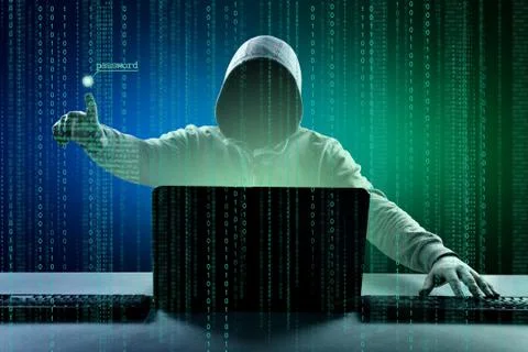 Anonymous internet hacker in front of computer. Web crime concept Stockfoto's