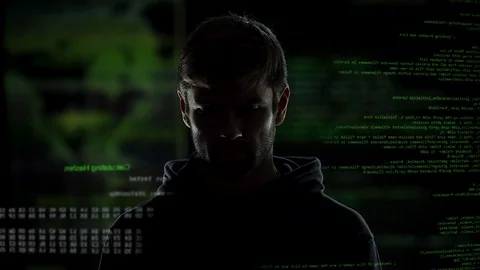 Anonymous internet male hacker with numbers and codes illustration background Stock Footage 83018616