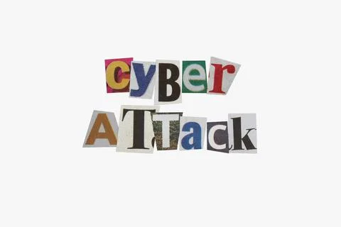 Anonymous letter with "cyber attack" text in letters cut out from newspapers Stock Photos