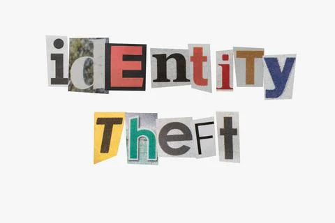 Anonymous letter with "identity theft" text in letters cut out from newspaper Stock Photos