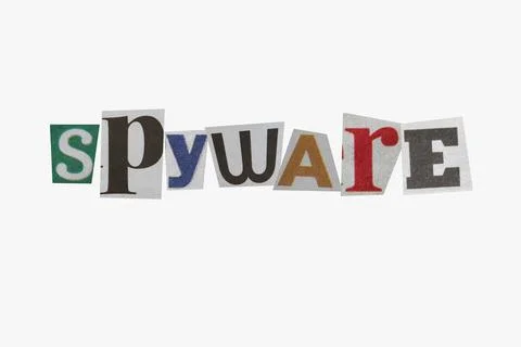Anonymous letter with "spyware" text in letters cut out from newspapers Stock Photos