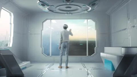 Anonymous man choosing window view in virtual reality room Stock Photos
