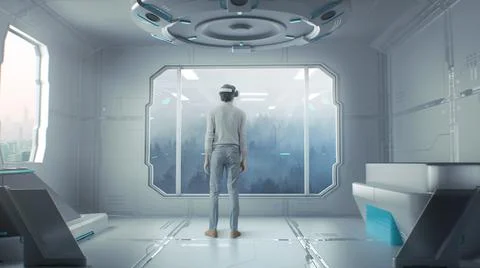 Anonymous man choosing window view in virtual reality room Stock Photos