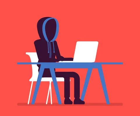 Anonymous man with hidden face at laptop Stock Illustration