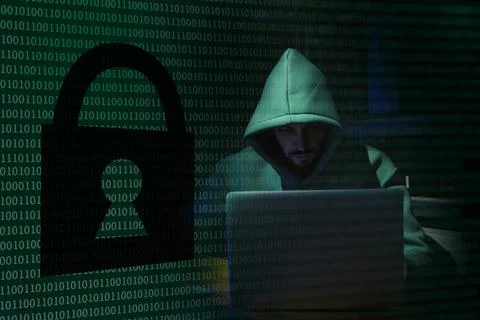 Anonymous man with laptop, binary code and illustration of padlock in darknes Foto stock