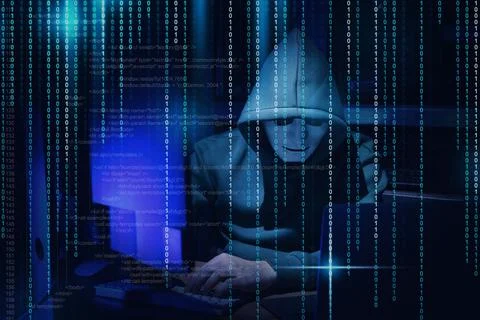 Anonymous man in mask with computers, source and binary code in darkness Stock Photos