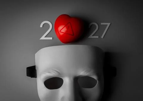 Anonymous mask beneath red warning heart and 2027 new year numbers. Romance.. Stock Photos
