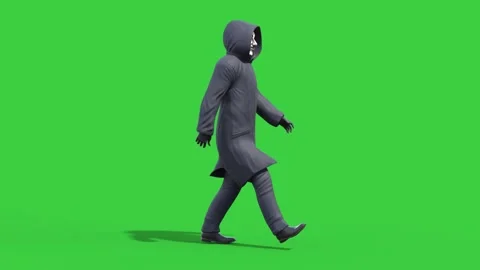 Anonymous Mask Hacker Walkcycle Green Screen Side Loop 3D Animation Renderin Stock Footage 169390713