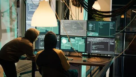 Anonymous people planting virus to exploit computer server Stock Photos