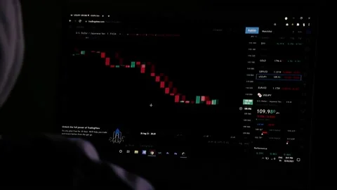 An Anonymous Person Analyzes A Digital Candlestick Chart Using A Laptop. Stock Footage 171215332