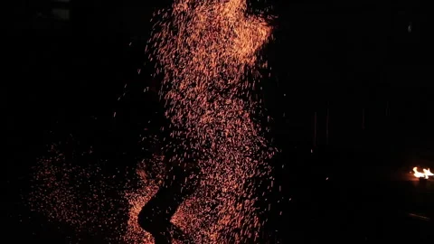 Anonymous person dancing with fire at night Stock Footage 144213656