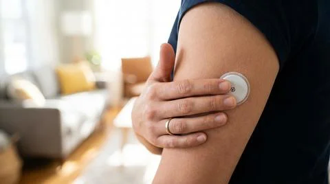 Anonymous Person Touching CGM Sensor on Their Arm Fotos Stock