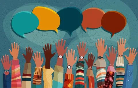 Anonymous raised of multicultural group people. Racial equality. Speech bubble Stock Illustration
