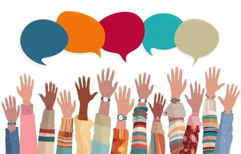 Anonymous raised of multicultural group people. Racial equality. Speech bubble Stock Illustration