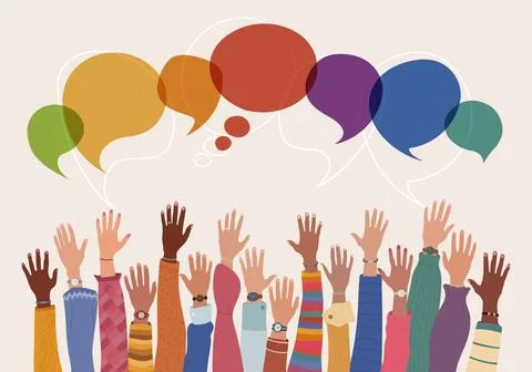 Anonymous raised of multicultural group people. Racial equality. Speech bubble Stock Illustration