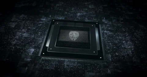 Anonymous rebel hacker symbol flag on computer cpu Stock Footage 314210934