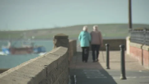 Anonymous Retired Couple Taking A Stroll Arm In Arm Along A Sunny Sea Wall. Stock-Footage 107307702