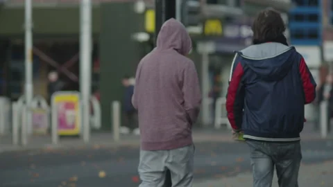 Anonymous Teenagers Walking Towards Middlesbrough Centre Shops. Stock Footage