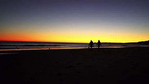 Anonymous tourists walking on sandy seashore at sundown Stock Footage 149537364