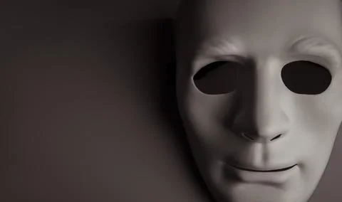 Anonymous white mask emerging from dark background symbolizes digital ident.. Fotos de archivo