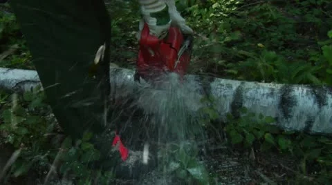 Anonymus lumberjack at work is felling a tree and cutting wood 4 Stock Footage