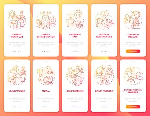 Anorexia and bulimia red gradient onboarding mobile app screen set Ilustração Stock