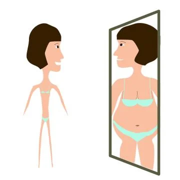 Anorexia. Slim physique with anorexia. Reflection of obesity in the mirror Stock Illustration