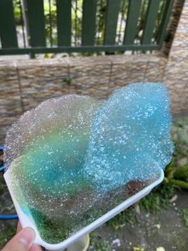 Another angle of  a hand holds bubbles, colorful, frosted foam. Photos