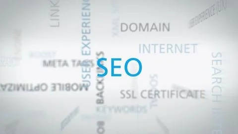 Another SEO-focused word cloud, emphasizing keywords and concepts in search Stock Photos