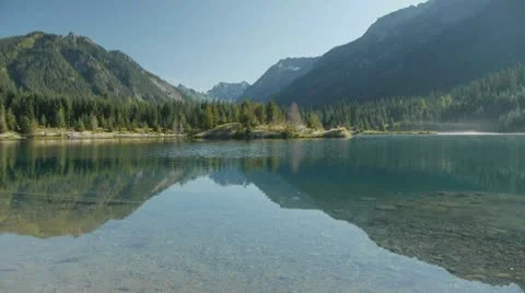 Another wide angle view of wild lake and mountains (shot from Jib). Stock Footage 10586668