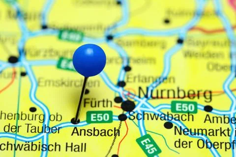 Ansbach pinned on a map of Germany Stock-Fotos
