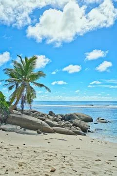 Anse Parnel beach, Mahe, blue sky turquoise water, low tide sunny day, whit Stock Photos