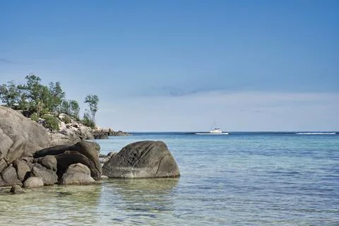 Anse royale, passing yatch 3 Stock Photos