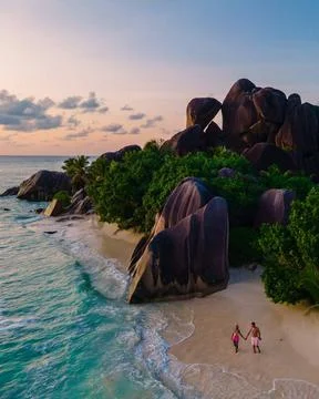 Anse Source d Argent beach, La Digue Island, Seyshelles, Drone aerial view... Stock Photos