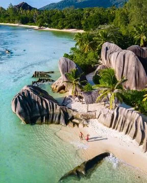Anse Source d Argent beach, La Digue Island, Seyshelles, Drone aerial view... Stock Photos